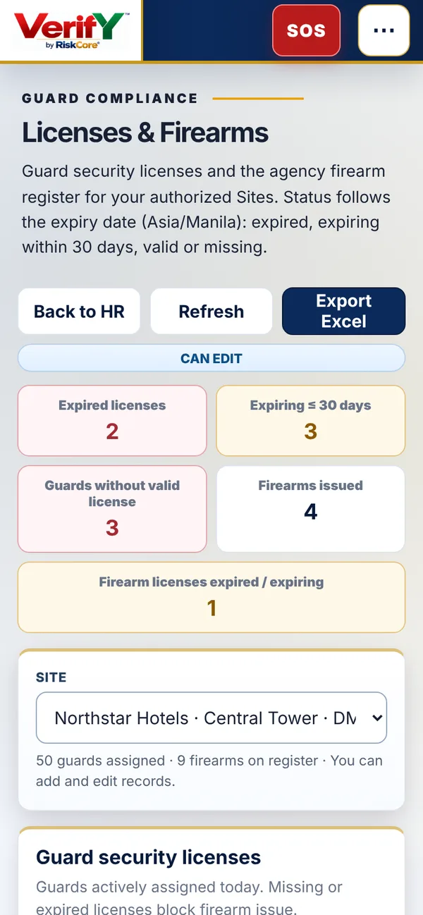 Licenses and Firearms register with expired and expiring license counts