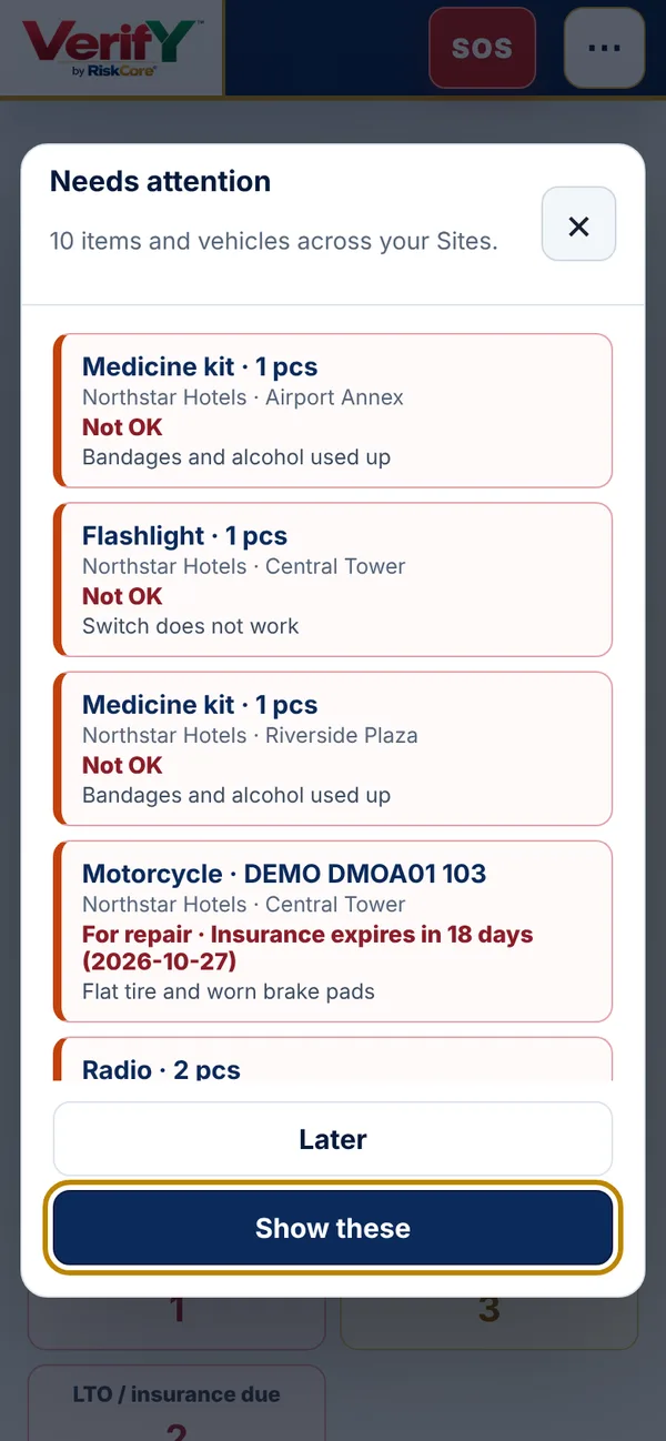 Needs attention pop-up listing items that are not OK and vehicles with insurance expiring