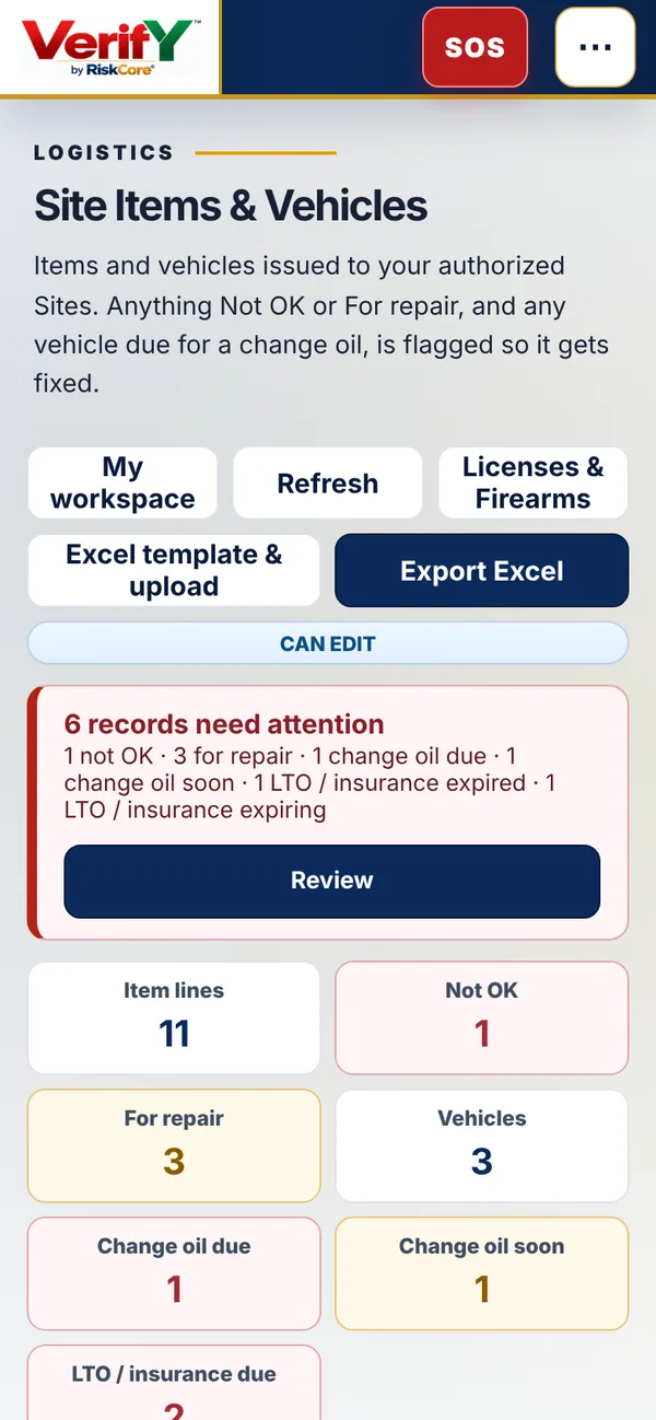 Site Items and Vehicles register with counts for Not OK, For repair and change oil